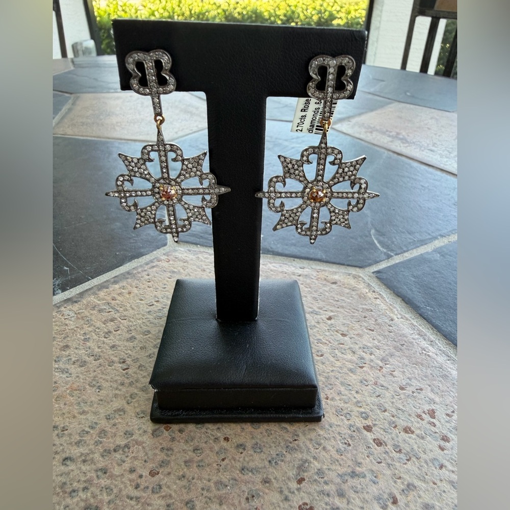 Diamond Flower Earrings with 14kt. Yellow Gold Accent
